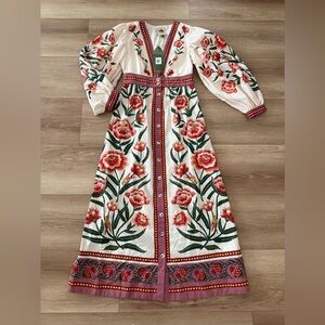 FARM RIO Ainika Delicate Puff Sleeve Floral Bird Maxi Dress Size XS NWT (FLAWED)